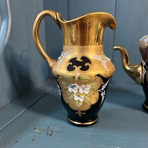Vintage Murano Glass Gold and Purple Floral Pitcher